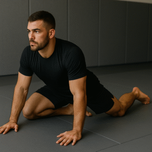 BJJ athlete performing a deep hip mobility stretch to improve hip rotation and flexibility for grappling