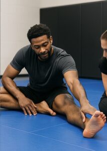 Older male athlete stretching hamstring on gym mats to improve mobility for BJJ over 40