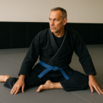 Middle-aged Brazilian Jiu-Jitsu practitioner performing a seated 90/90 hip mobility stretch on BJJ mats
