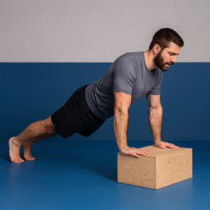Middle-aged athlete performing an incline scapular push-up with hands on a wooden box, wearing black shorts and a grey rashguard to demonstrate proper shoulder and thoracic mobility for BJJ.